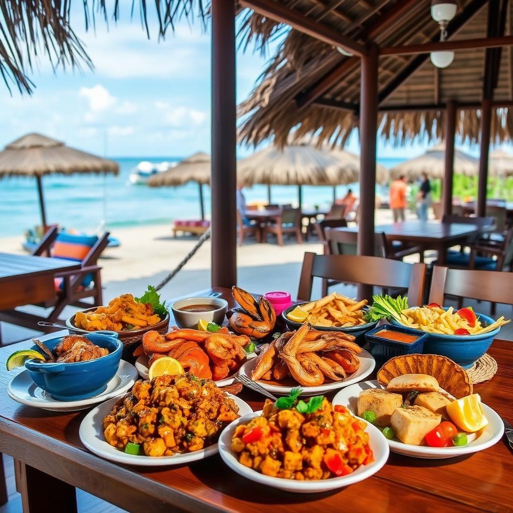 Colorful Puerto Rican dishes spread across a wooden beachside table
