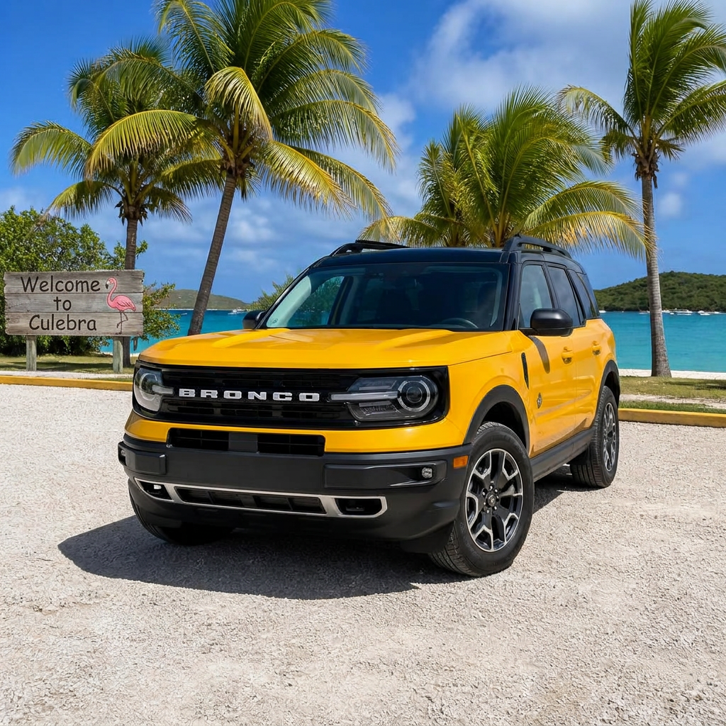 Bright yellow Ford Bronco Sport parked on white gravel near a Welcome to Culebra sign with a pink flamingo, beach in the background
